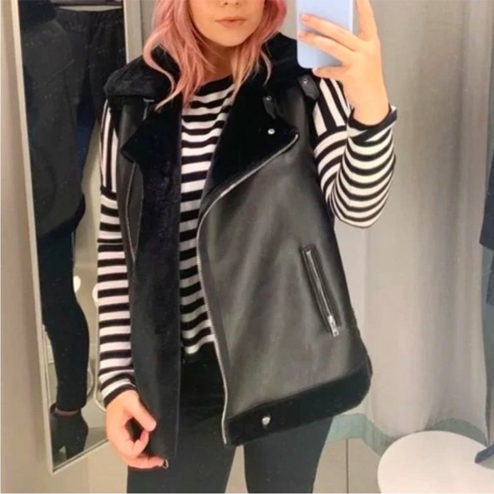 Forever 21 Black faux Leather fur lined moto Vest